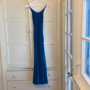 Long blue-green spaghetti strap dress